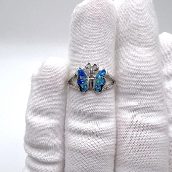Sale $18 Firm! .925 Sterling Silver Lab Created Blue Opal Butterfly Ring - Picture 9 of 14